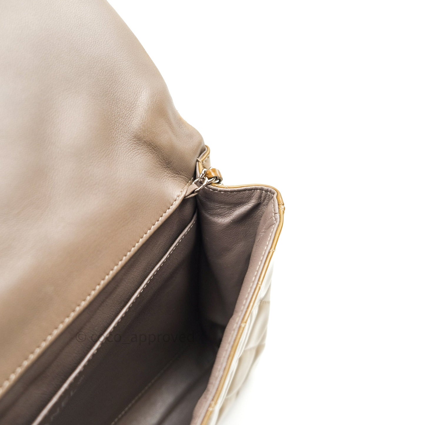 Chanel Quilted Clutch with Chain Khaki Patent Leather Silver Hardware