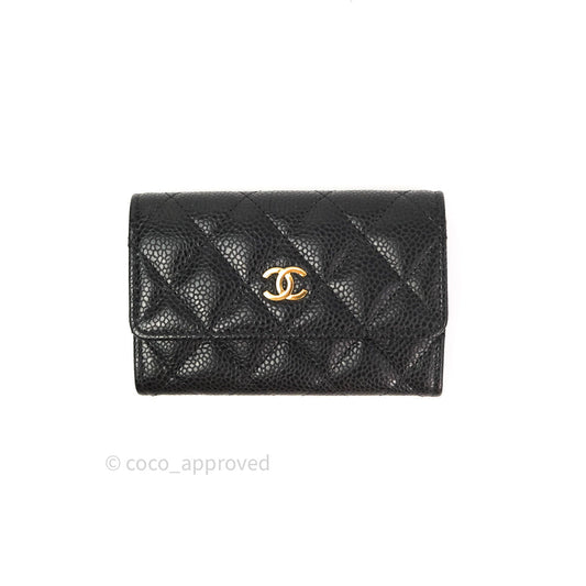 Chanel Card Holder Snap Button Black Caviar Gold Hardware