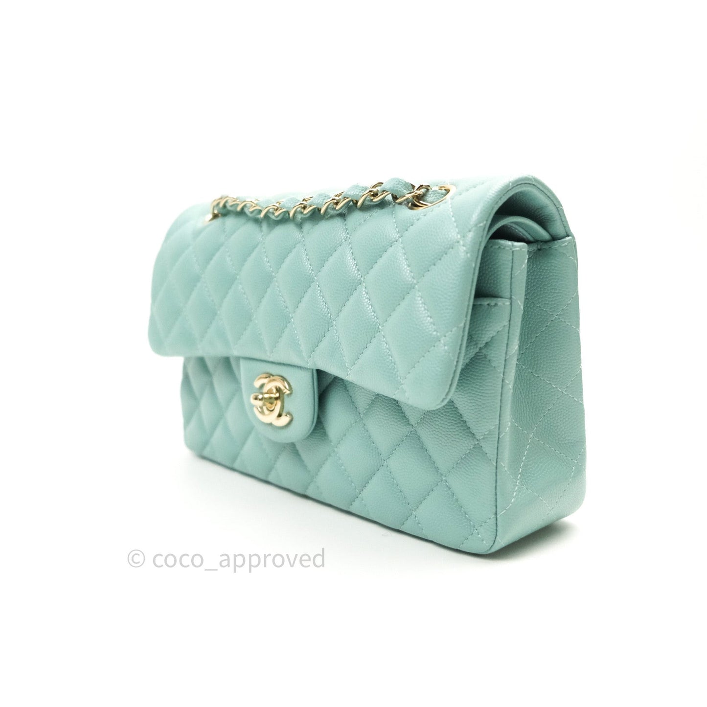 Chanel Classic Small S/M Flap Tiffany Blue Caviar Light Gold Hardware