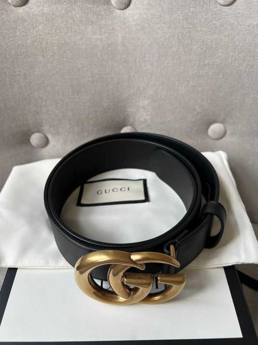 Luxury Gucci GG Marmont Black Leather Belt with Gold Buckle