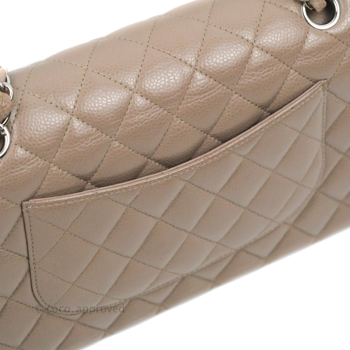 Chanel Classic M/L Medium Flap Quilted Taupe Grey Caviar Silver Hardware