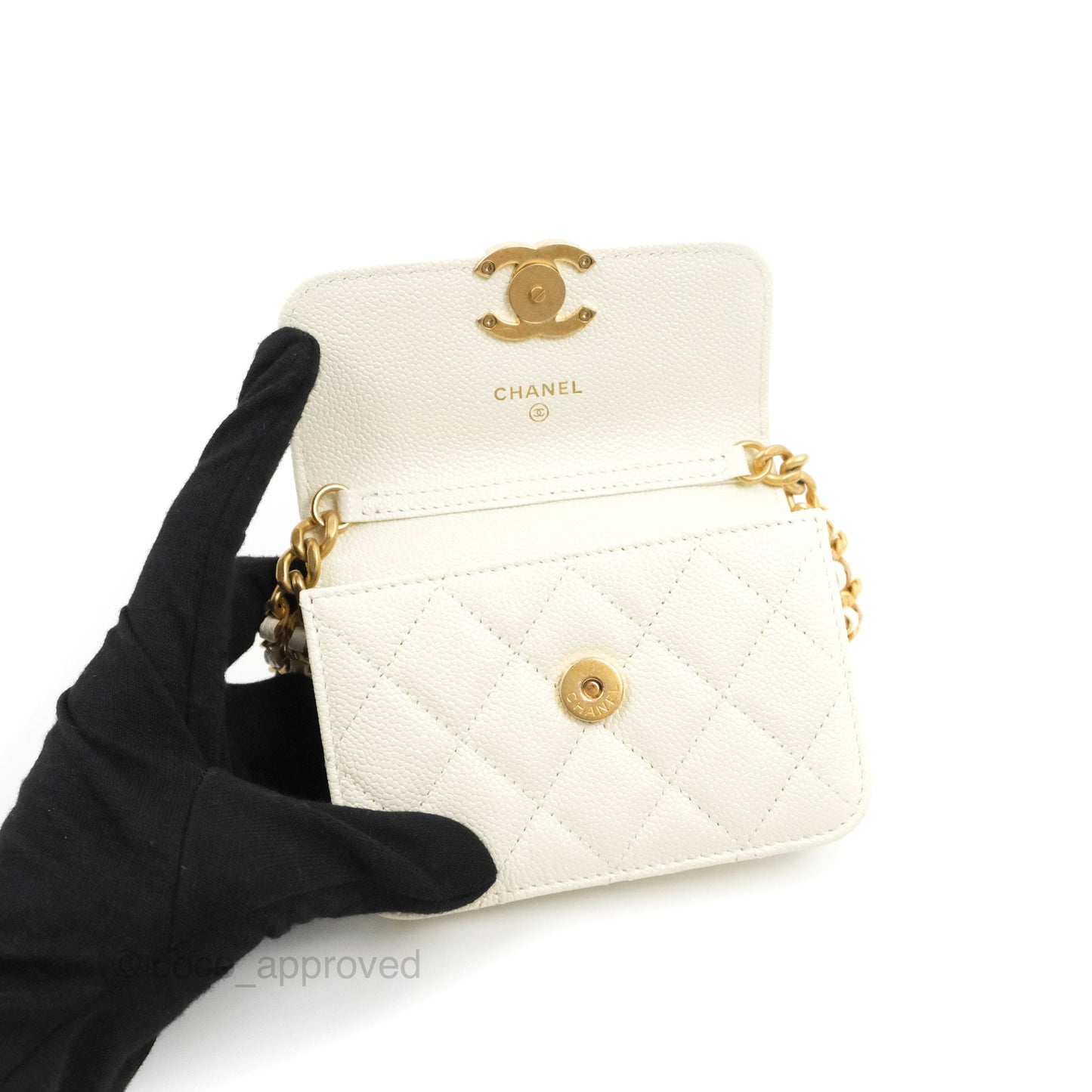Chanel Mini Clutch With Chain White Caviar Aged Gold Hardware