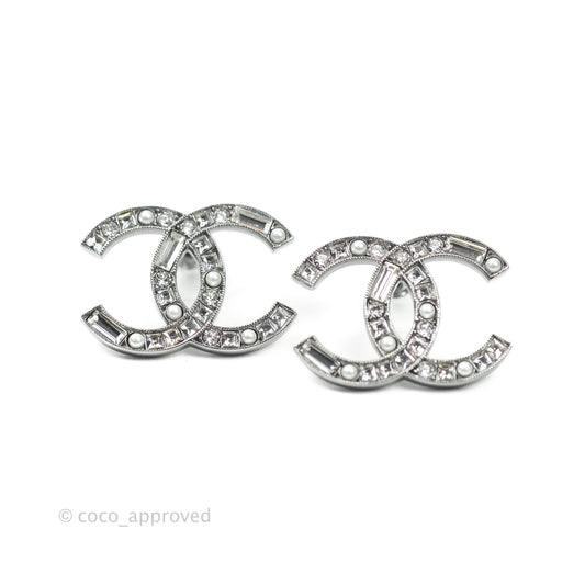 Chanel CC Crystal Earrings Silver Tone 20P