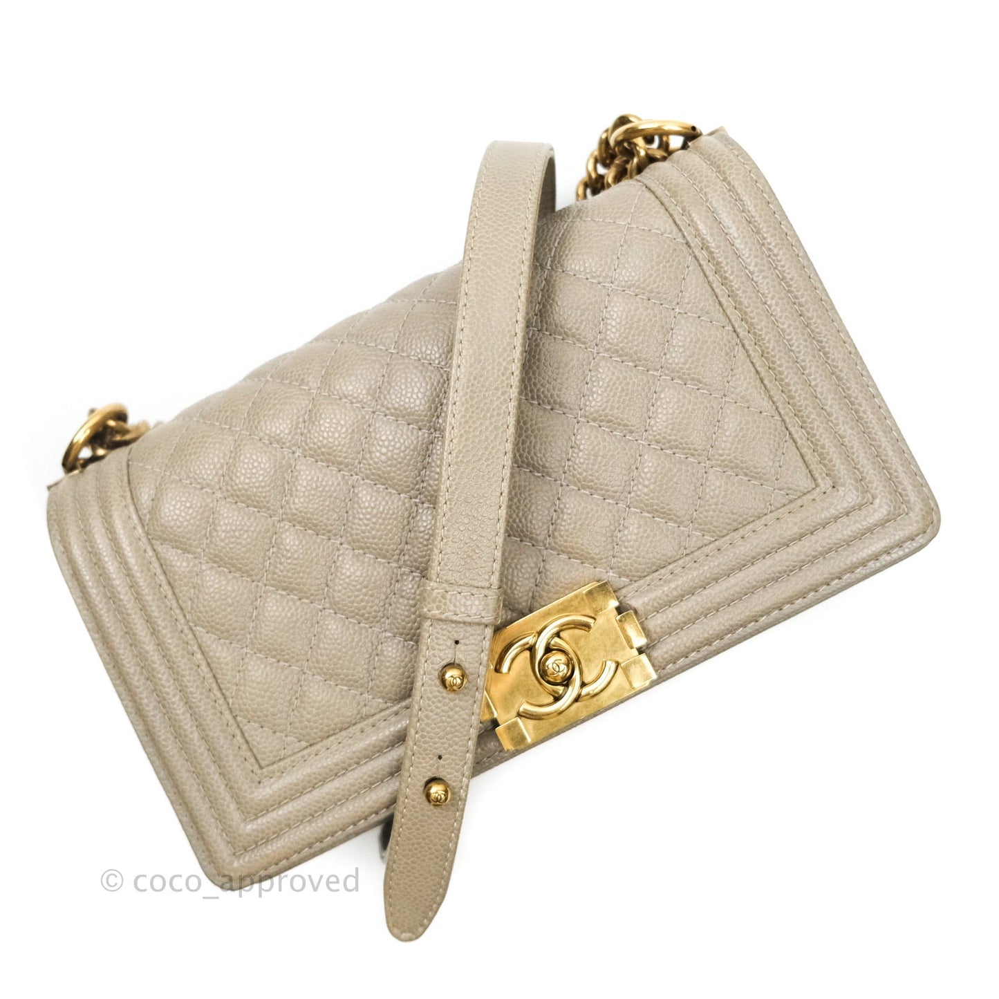 Chanel Boy Quilted Medium Taupe Grey Caviar Gold Hardware 14B
