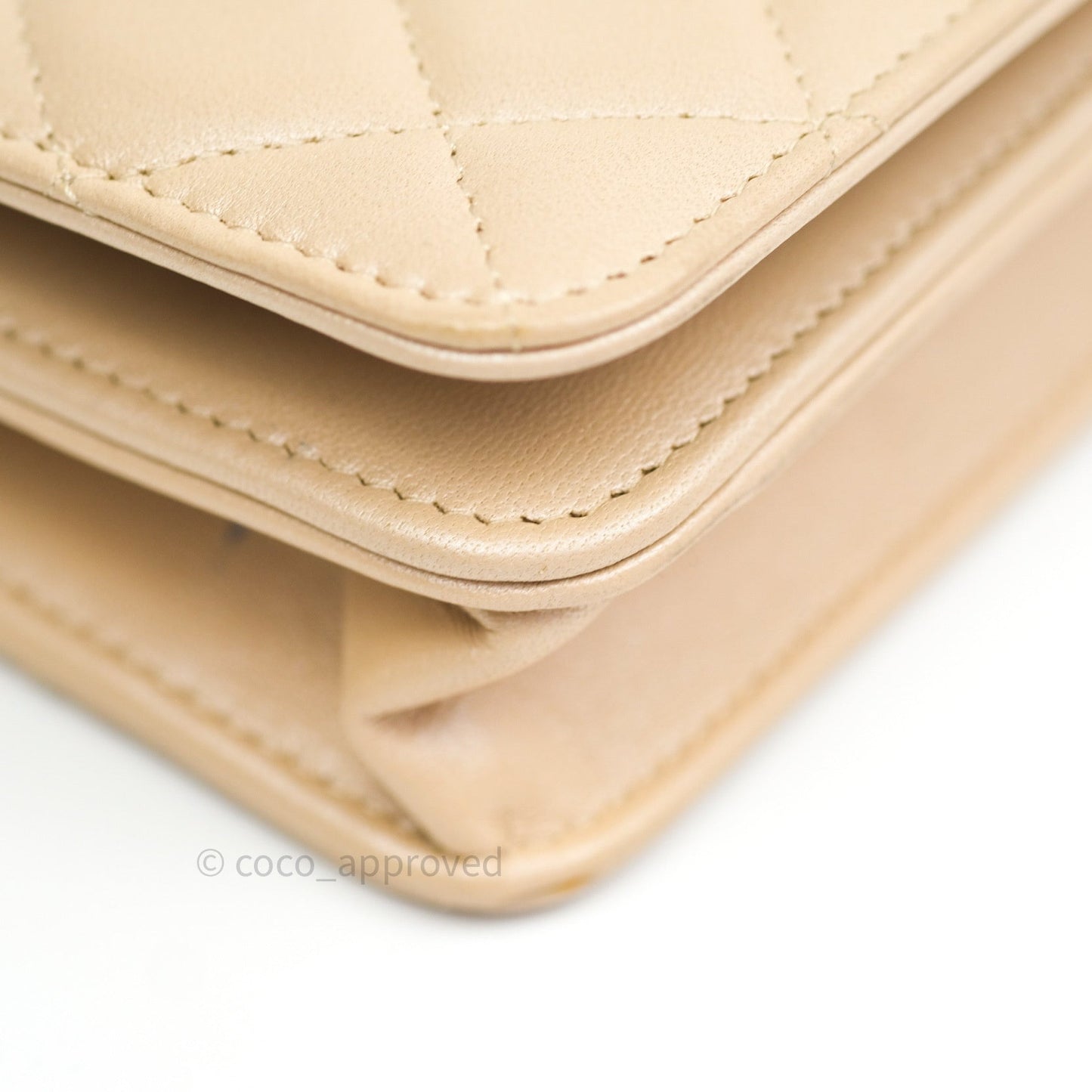 Chanel Quilted Beige Iridescent Lambskin Pearl Wallet On Chain WOC