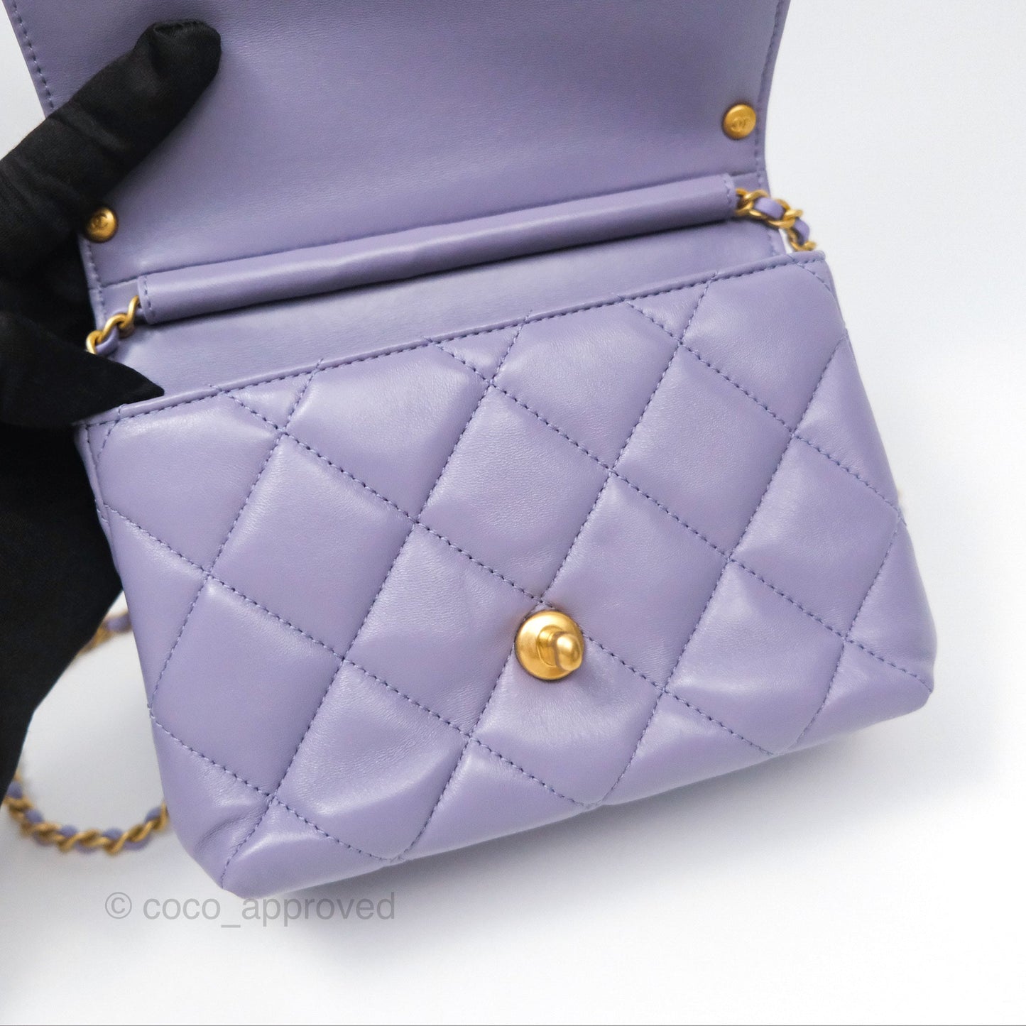 Chanel Crystal Pearl Chain Mini Flap Bag Purple Lambskin Aged Gold Hardware