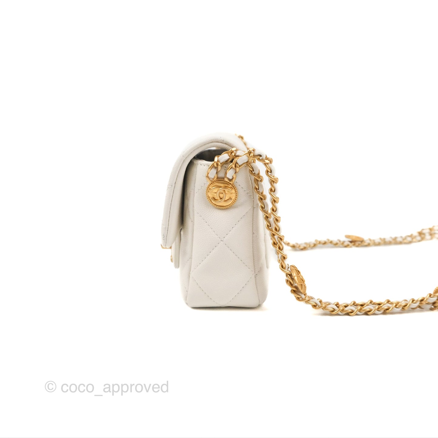 Chanel Mini Flap with Coin Charm White Caviar Aged Gold Hardware 22A