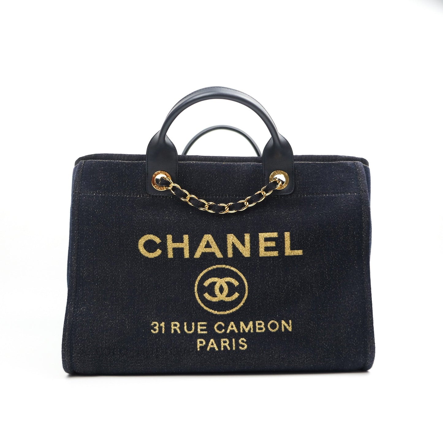 Chanel Canvas Large Deauville Tote Navy Glittery Gold Logo 19B