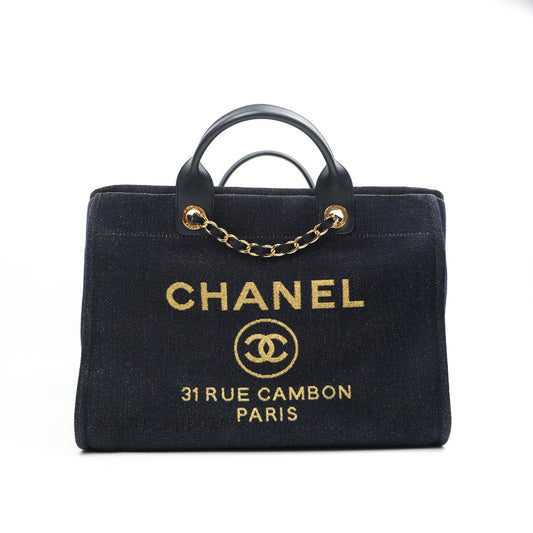 Chanel Canvas Large Deauville Tote Navy Glittery Gold Logo 19B