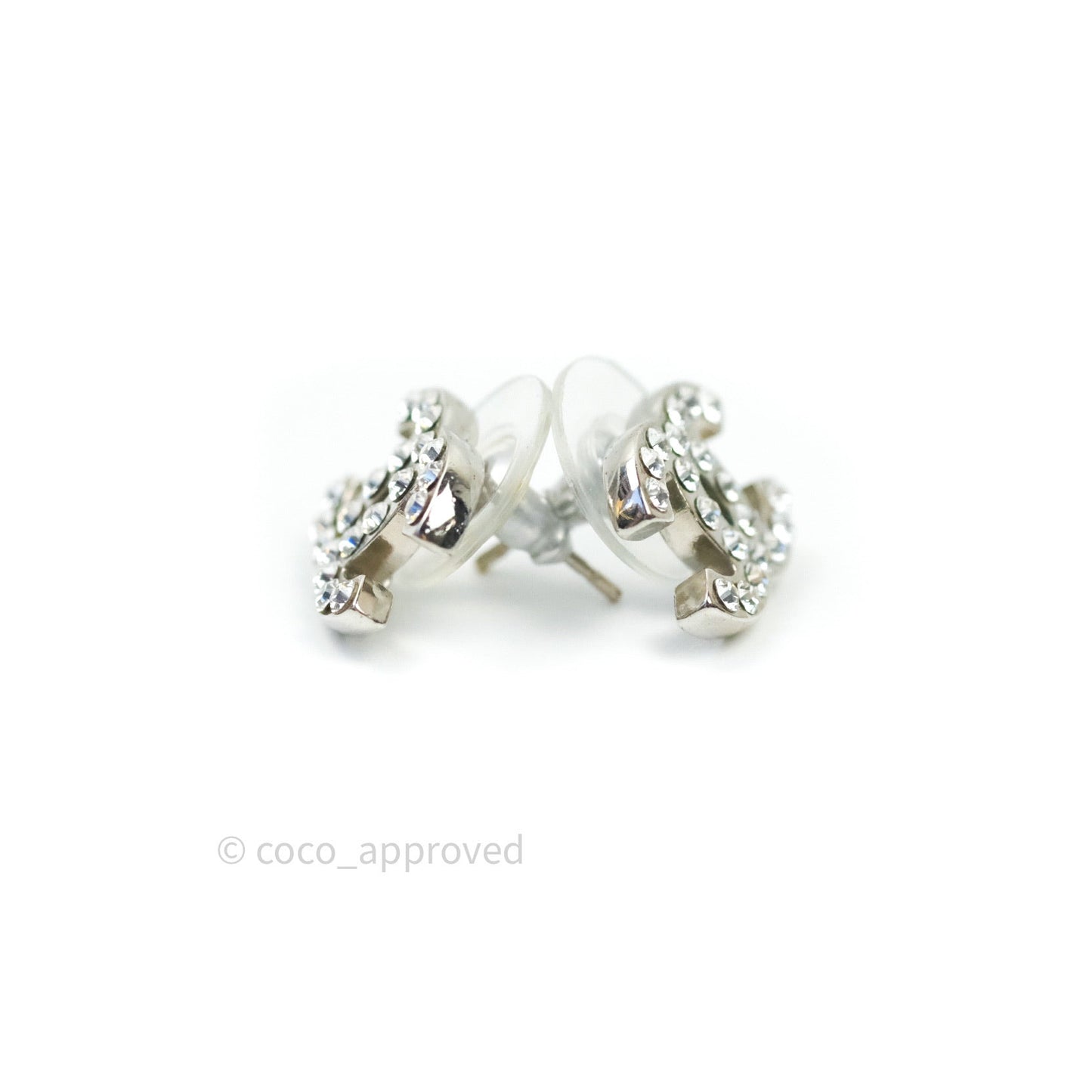 Chanel Crystal CC Earrings Silver Tone