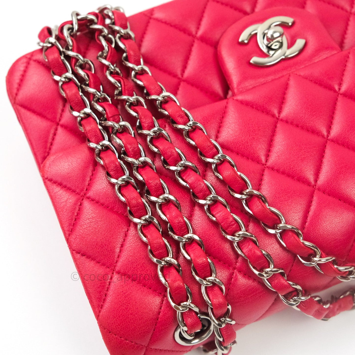 Chanel Classic M/L Lambskin Medium Double Flap Red Pink Silver Hardware