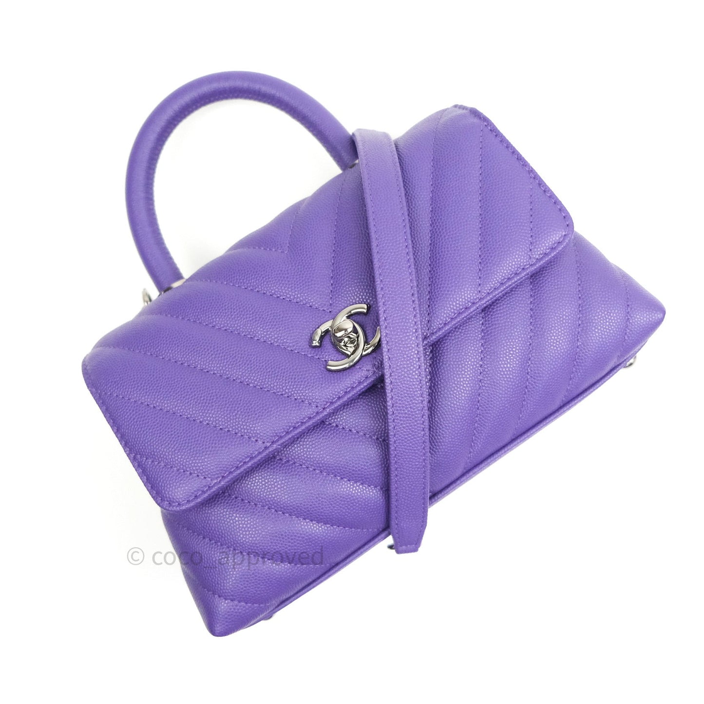 Chanel Mini Coco Handle Chevron Purple Caviar Quilted Dark Silver Hardware