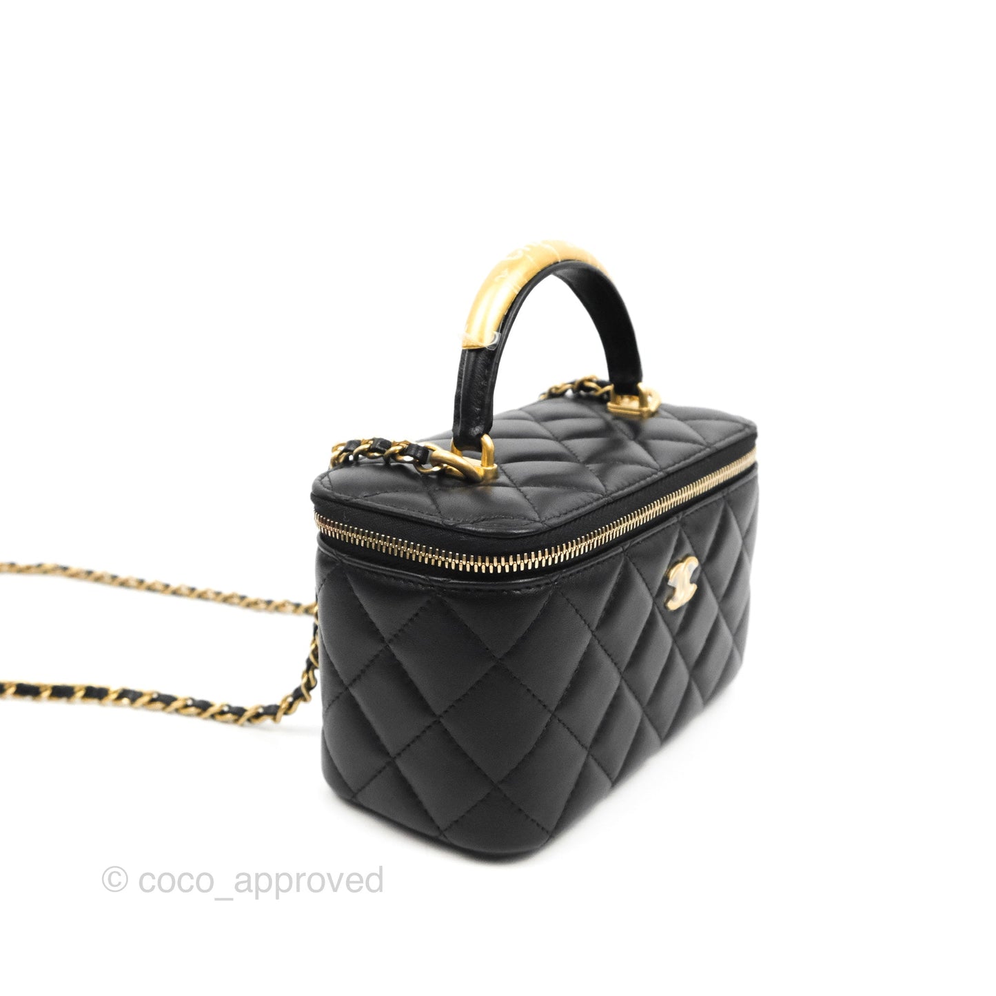 Chanel Vanity Rectangular Metal Top Handle Black Lambskin Aged Gold Hardware 22B