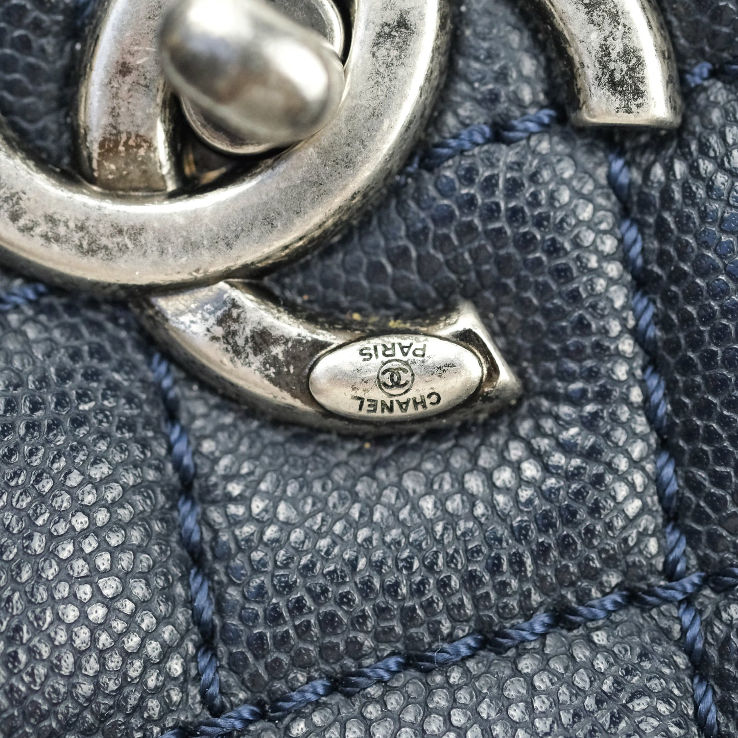 Chanel Small Coco Handle Quilted Navy Caviar Lizard Handle Ruthenium Hardware