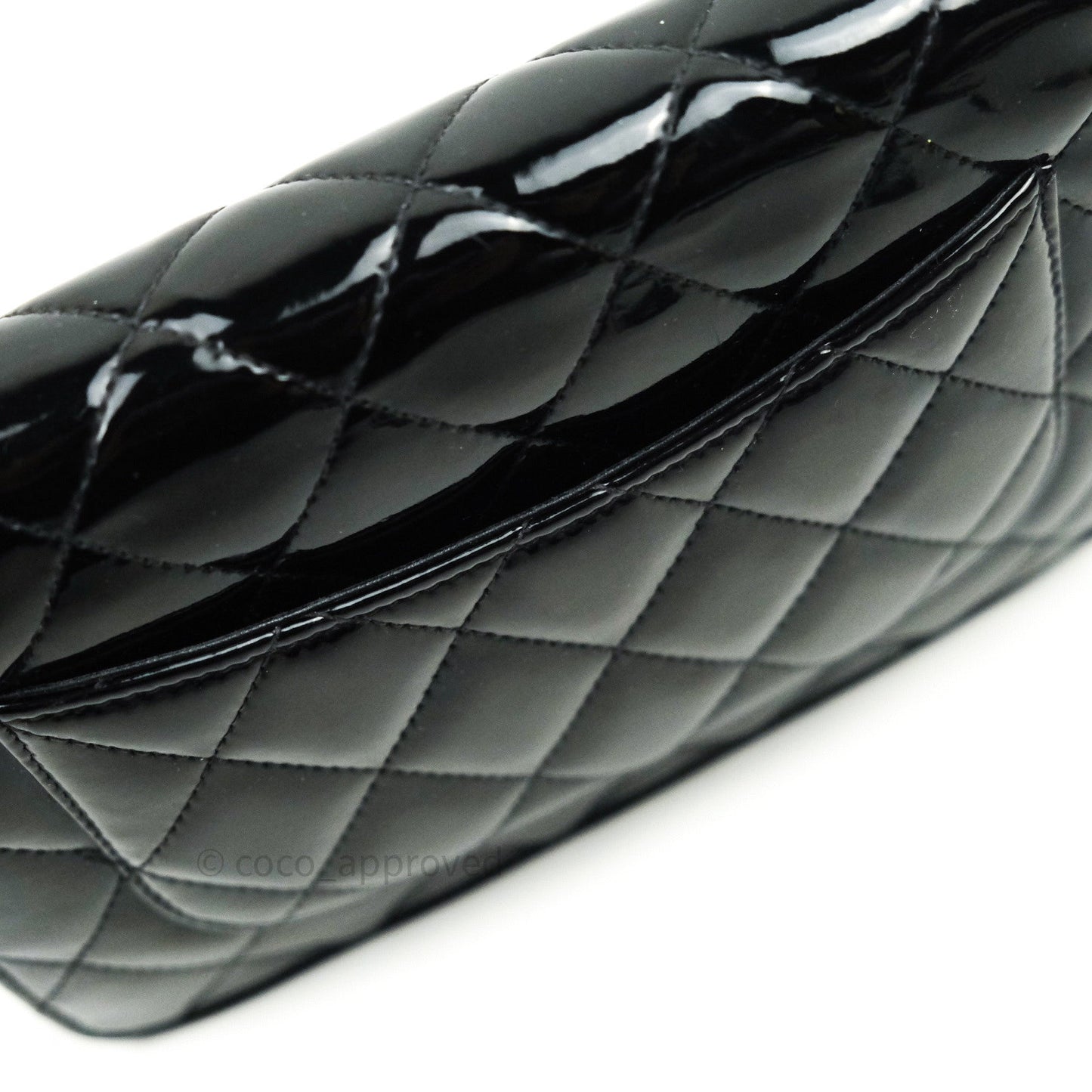 Chanel Quilted Wallet on Chain WOC Black Patent Leather Silver Hardware