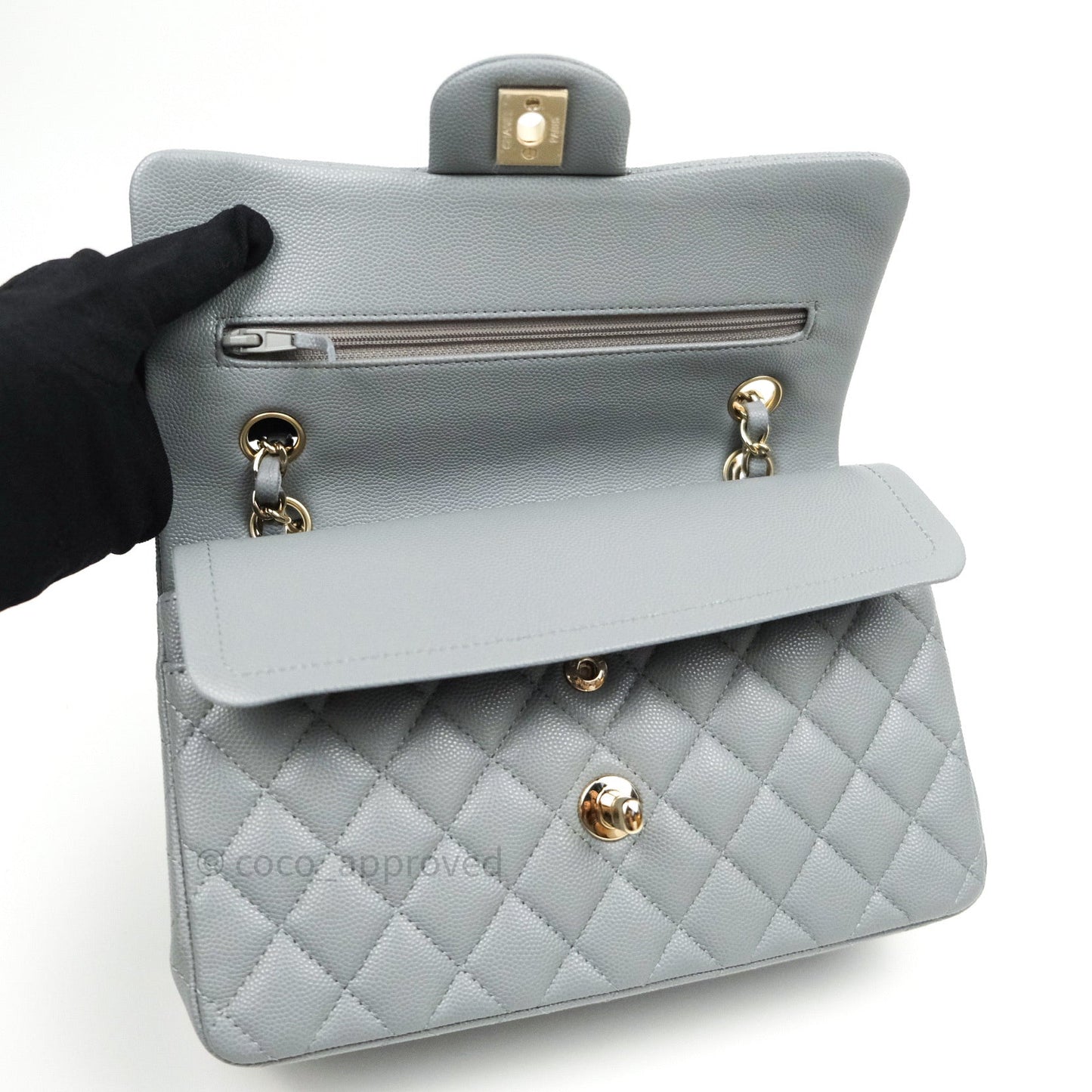 Chanel Classic Small S/M Flap Grey Caviar Light Gold Hardware