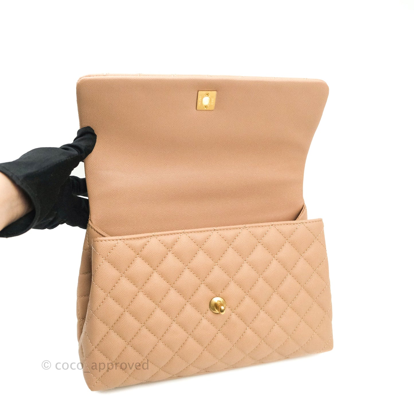 Chanel Small Coco Handle Quilted Beige Caviar Aged Gold Hardware