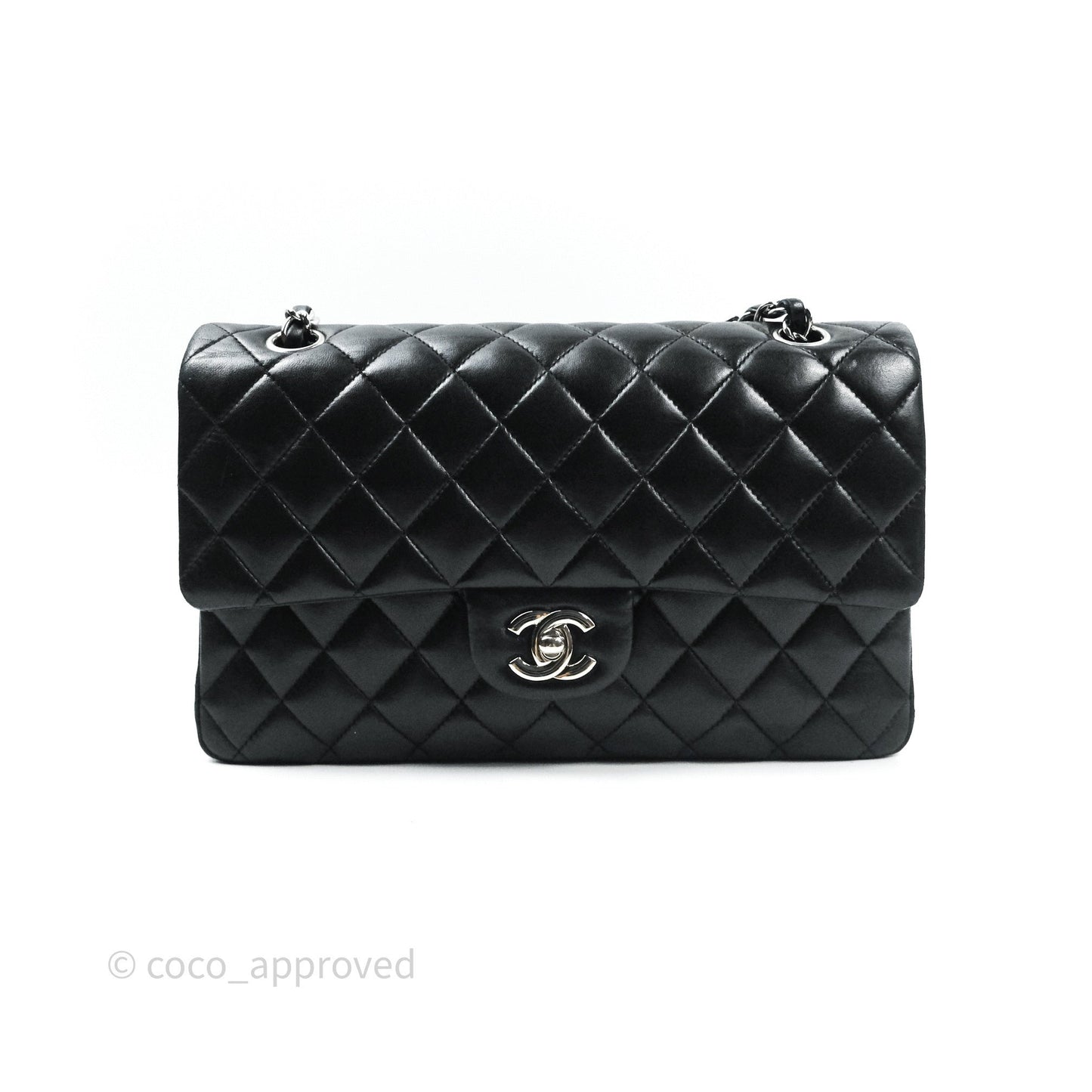 Chanel Classic M/L Medium Double Flap Black Lambskin Silver Hardware