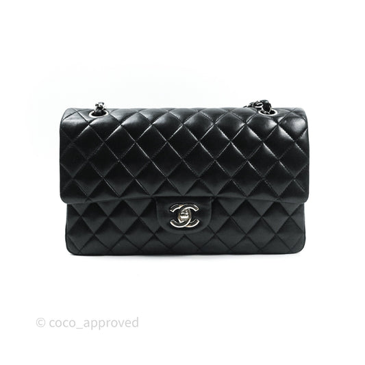 Chanel Classic M/L Medium Double Flap Black Lambskin Silver Hardware
