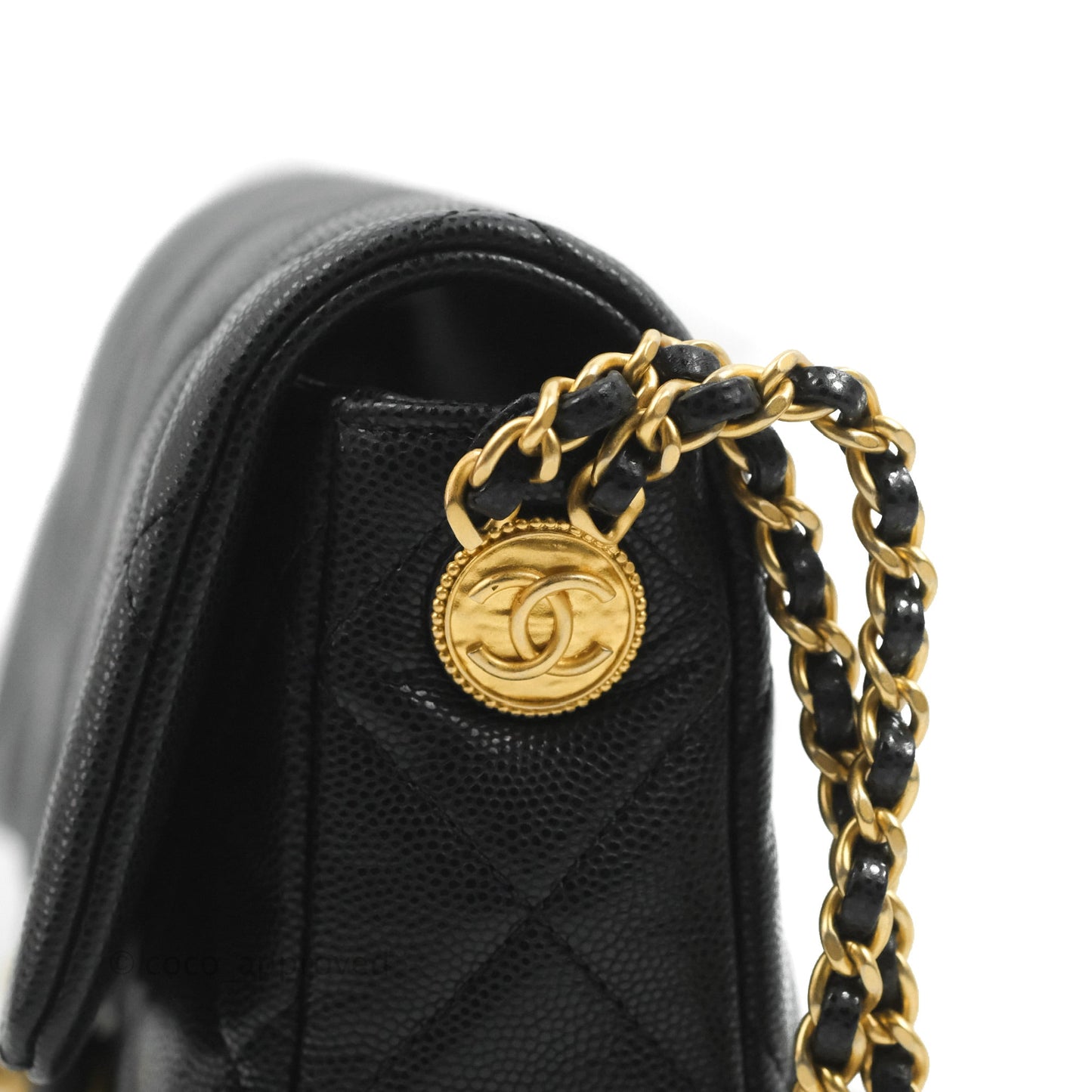 Chanel Small Flap with Coin Charm Black Caviar Aged Gold Hardware 22A