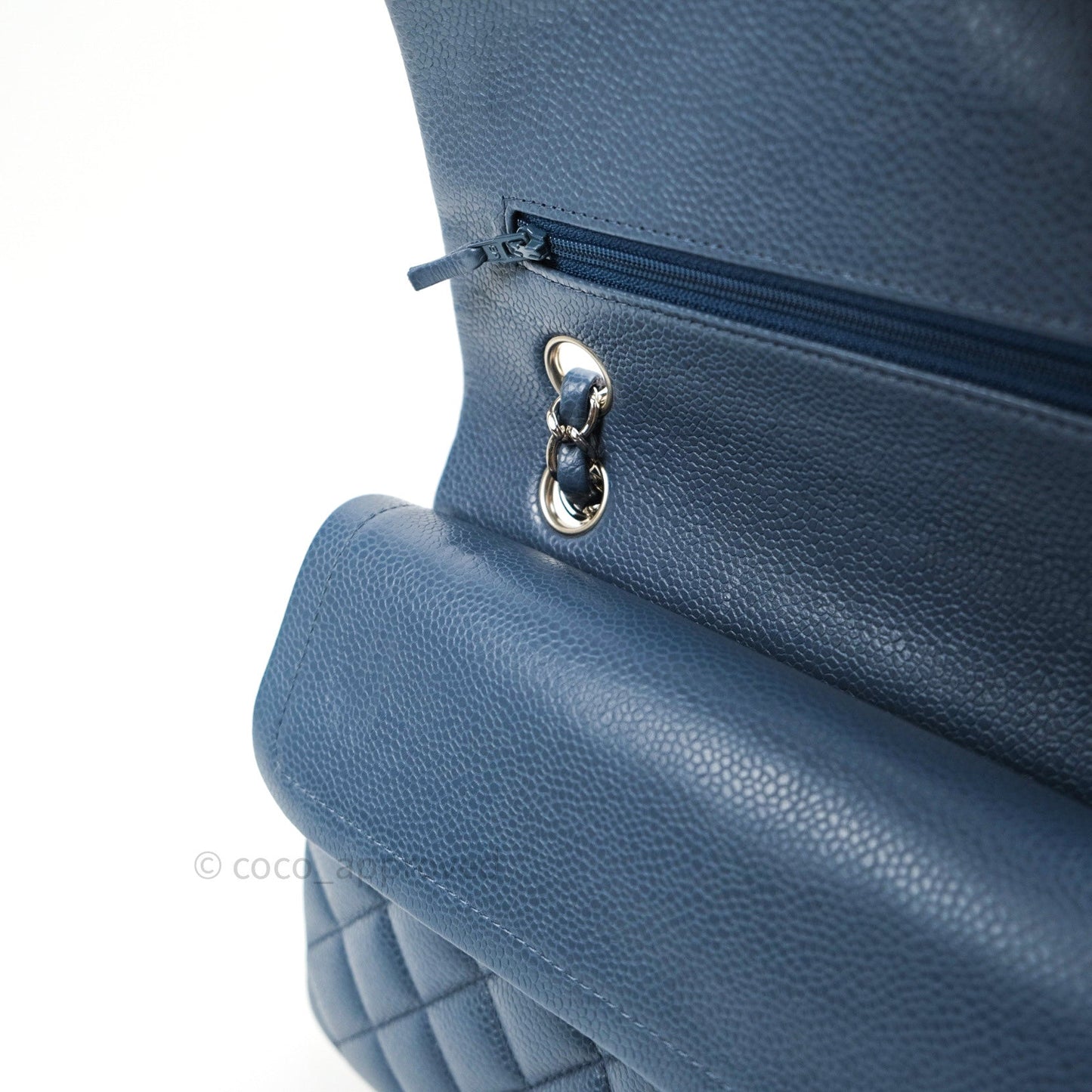 Chanel Classic Double Flap Quilted M/L Blue Caviar Silver Hardware