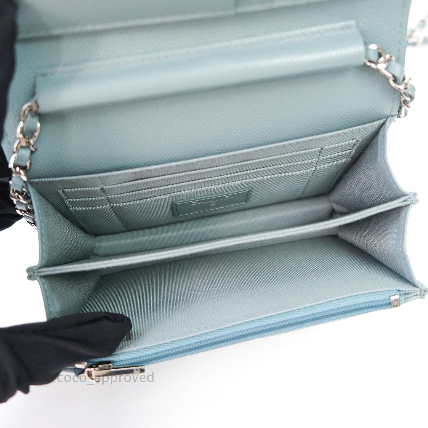 Chanel Quilted Mini Wallet on Chain WOC Blue Grey Caviar Silver Hardware 20B