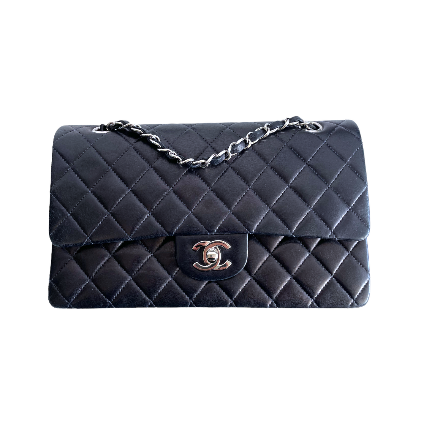 Luxury Chanel Classic Double Flap Medium Navy Blue Lambskin Silver