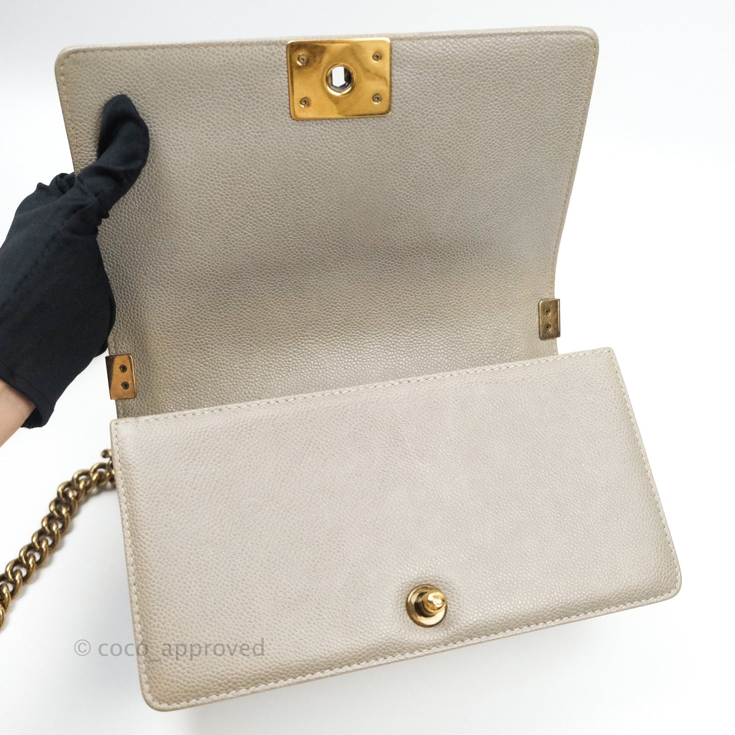 Chanel Boy Quilted Medium Taupe Grey Caviar Gold Hardware 14B