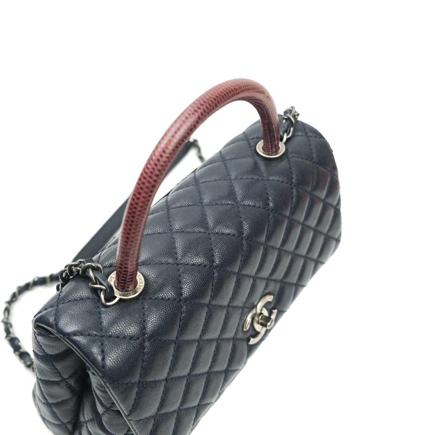 Chanel Small Coco Handle Quilted Navy Caviar Lizard Handle Ruthenium Hardware