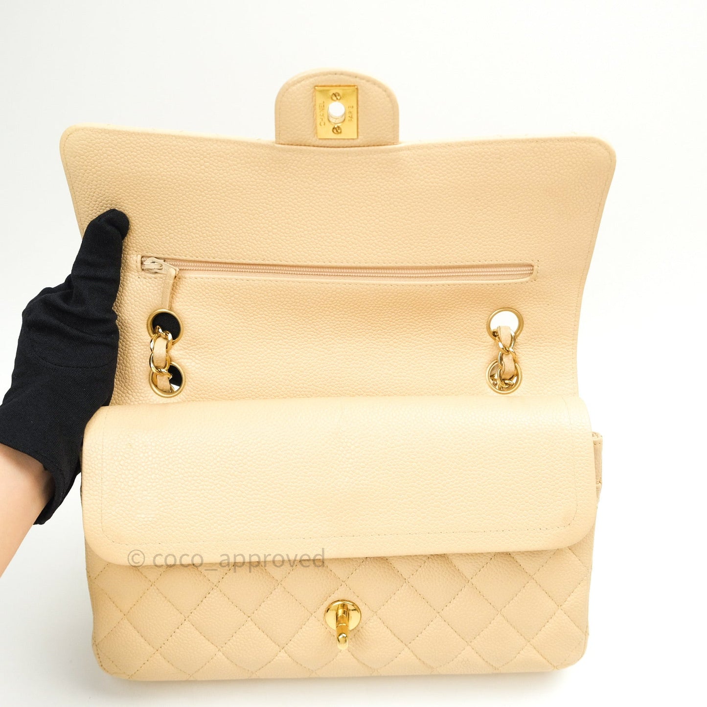 Chanel Quilted M/L Medium Double Flap Beige Clair Caviar Gold Hardware