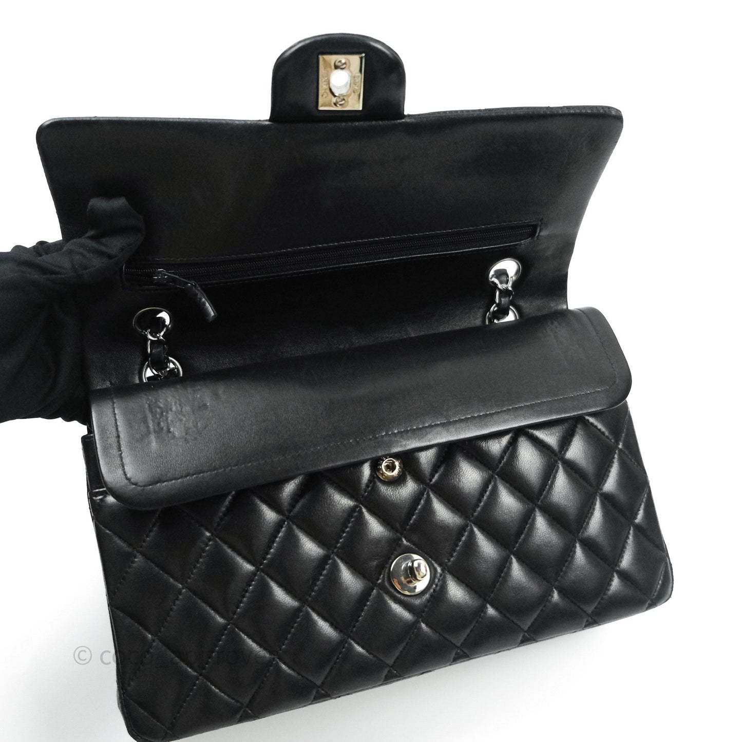 Chanel Classic M/L Medium Double Flap Black Lambskin Silver Hardware