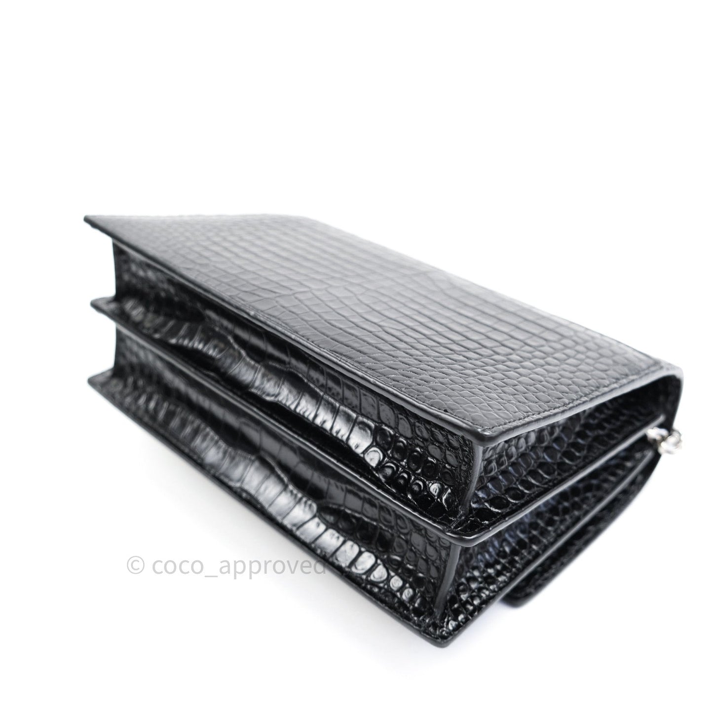 Saint Laurent Sunset Medium Black Crocodile Embossed Calfskin Silver Hardware
