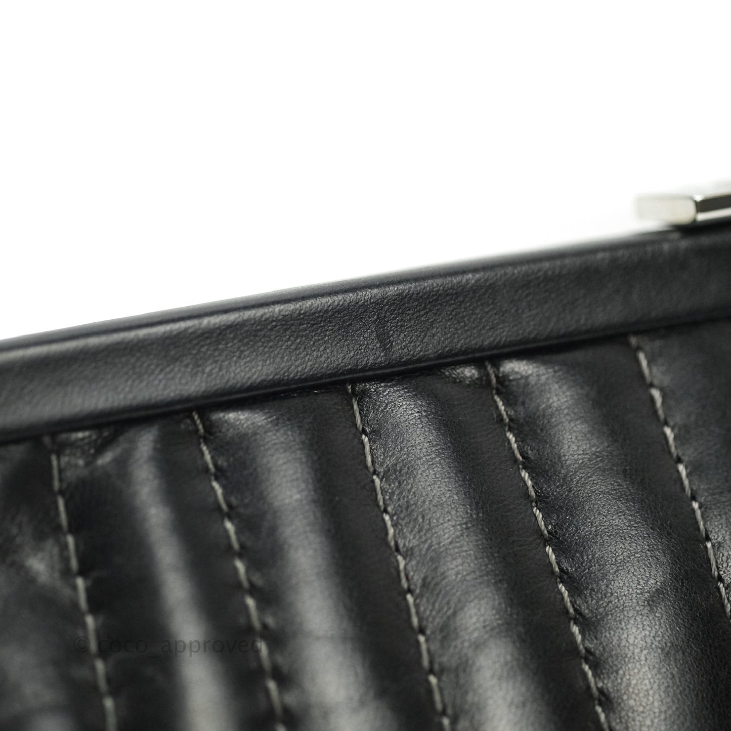 Chanel Vertical Stitch Kiss Lock Black Lambskin Clutch Silver Hardware