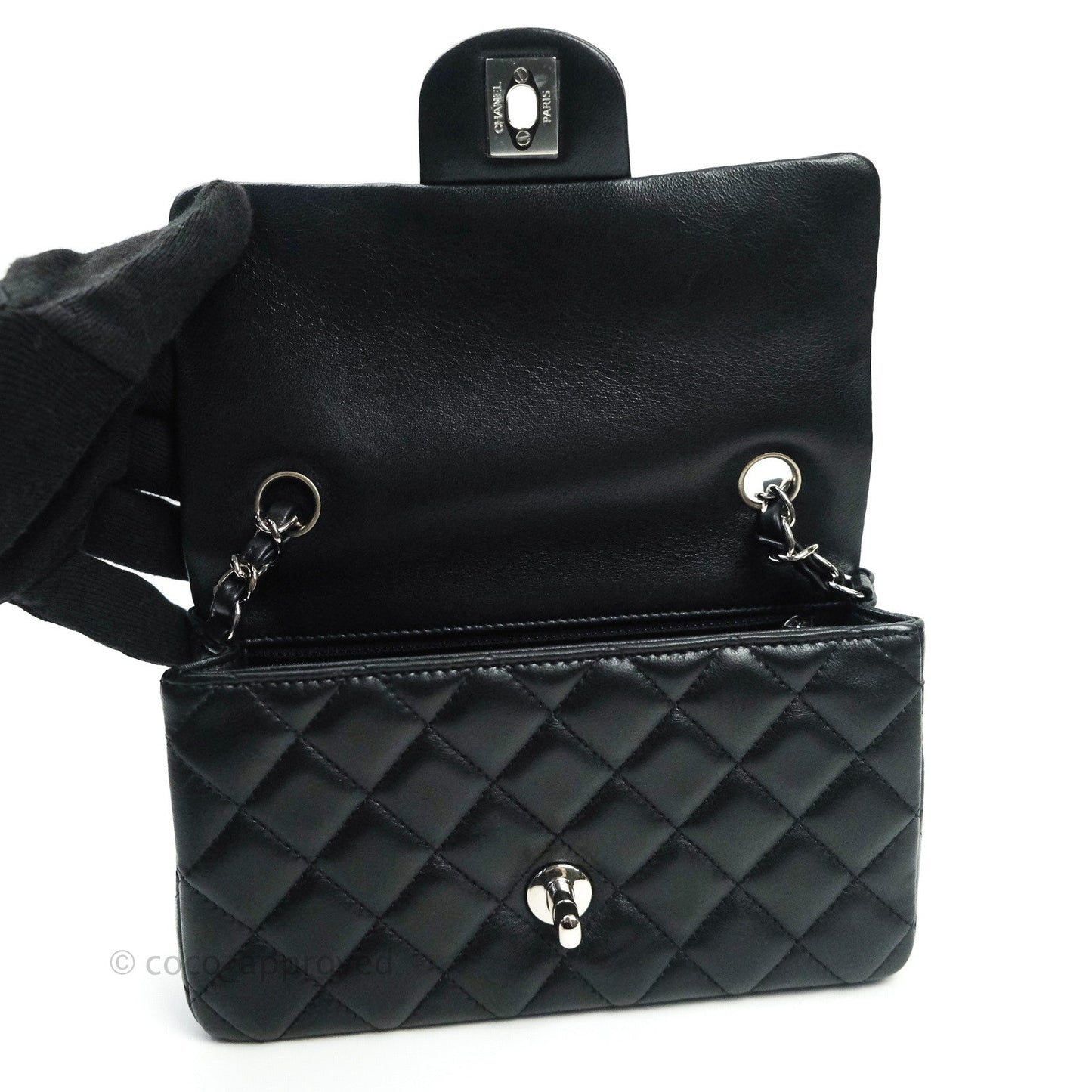 Chanel Quilted Mini Rectangular Black Lambskin Silver Hardware