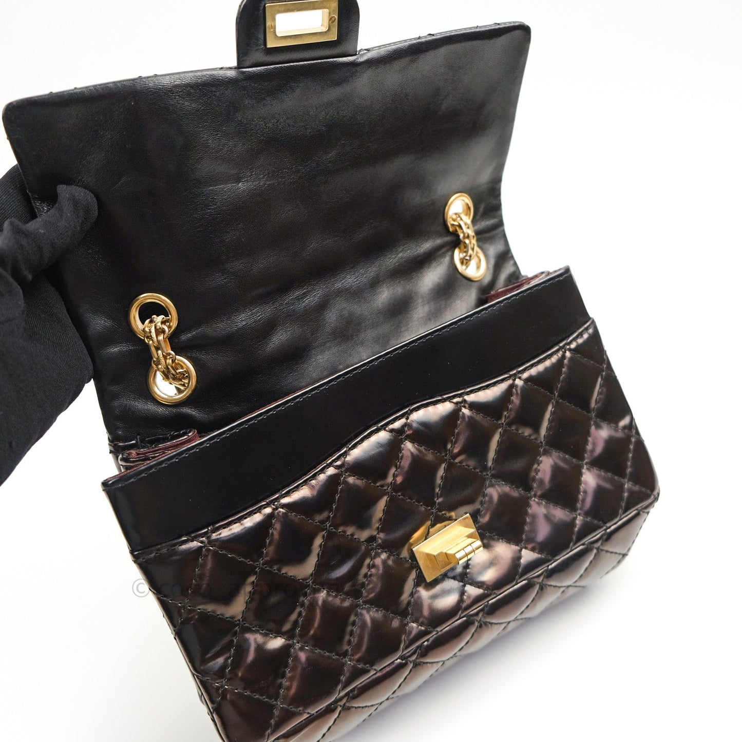 Chanel Quilted Accordion Reissue Black Patent Leather Gold Hardware 2.55 Flap