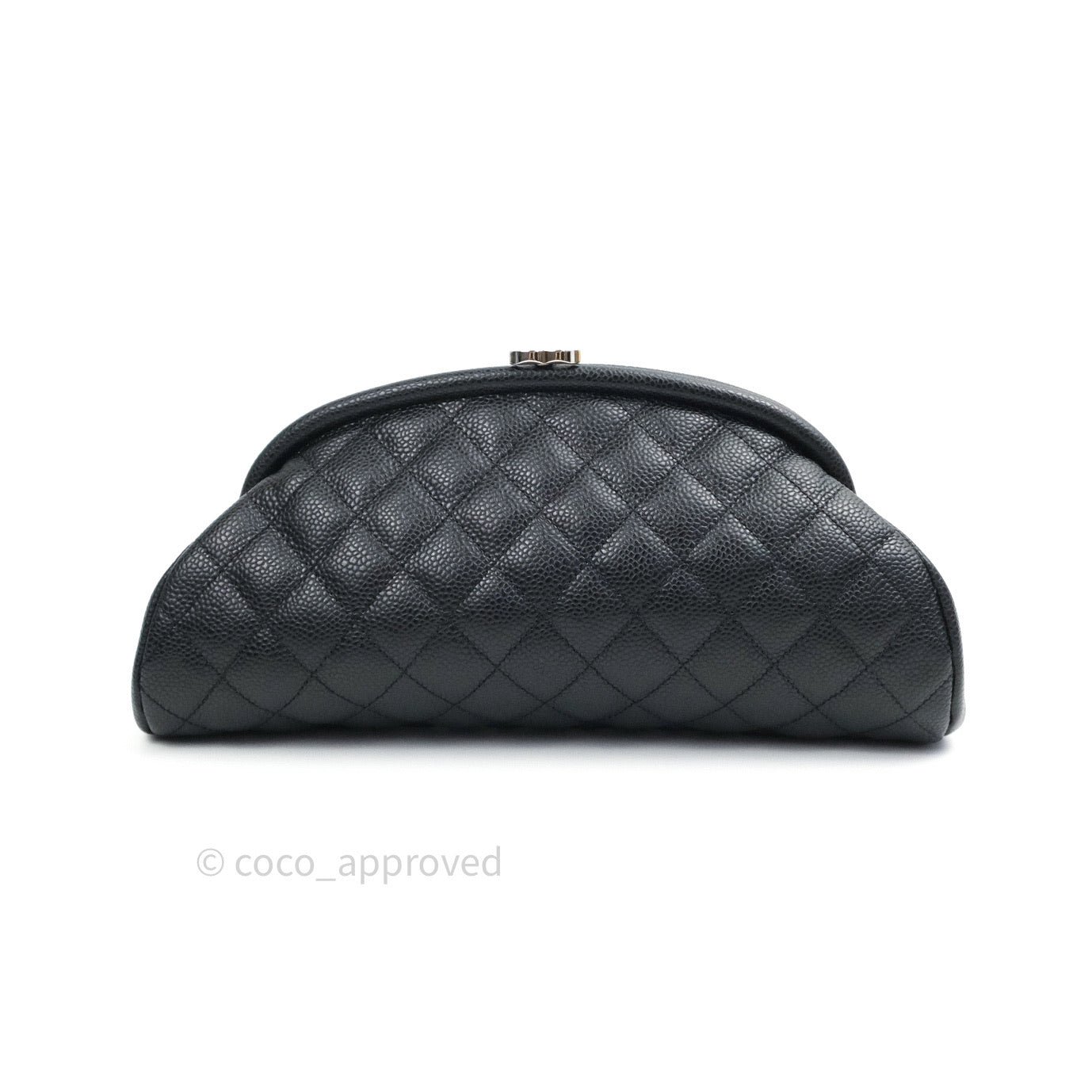 Chanel Quilted Timeless Kisslock Clutch Black Caviar Silver Hardware
