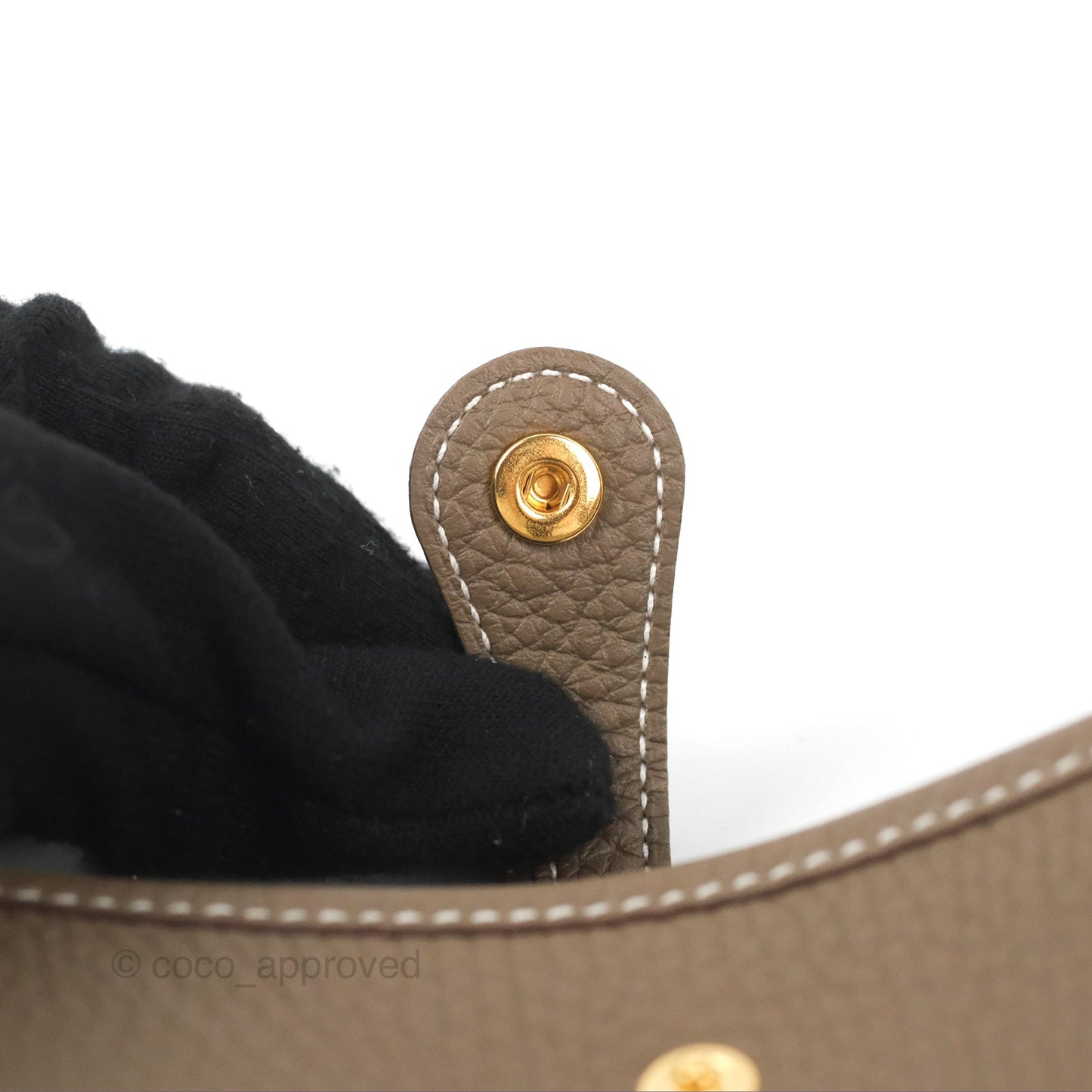 Hermès Mini Evelyne 16 Etoupe Clemence Gold Hardware with Bleu Indigo Strap