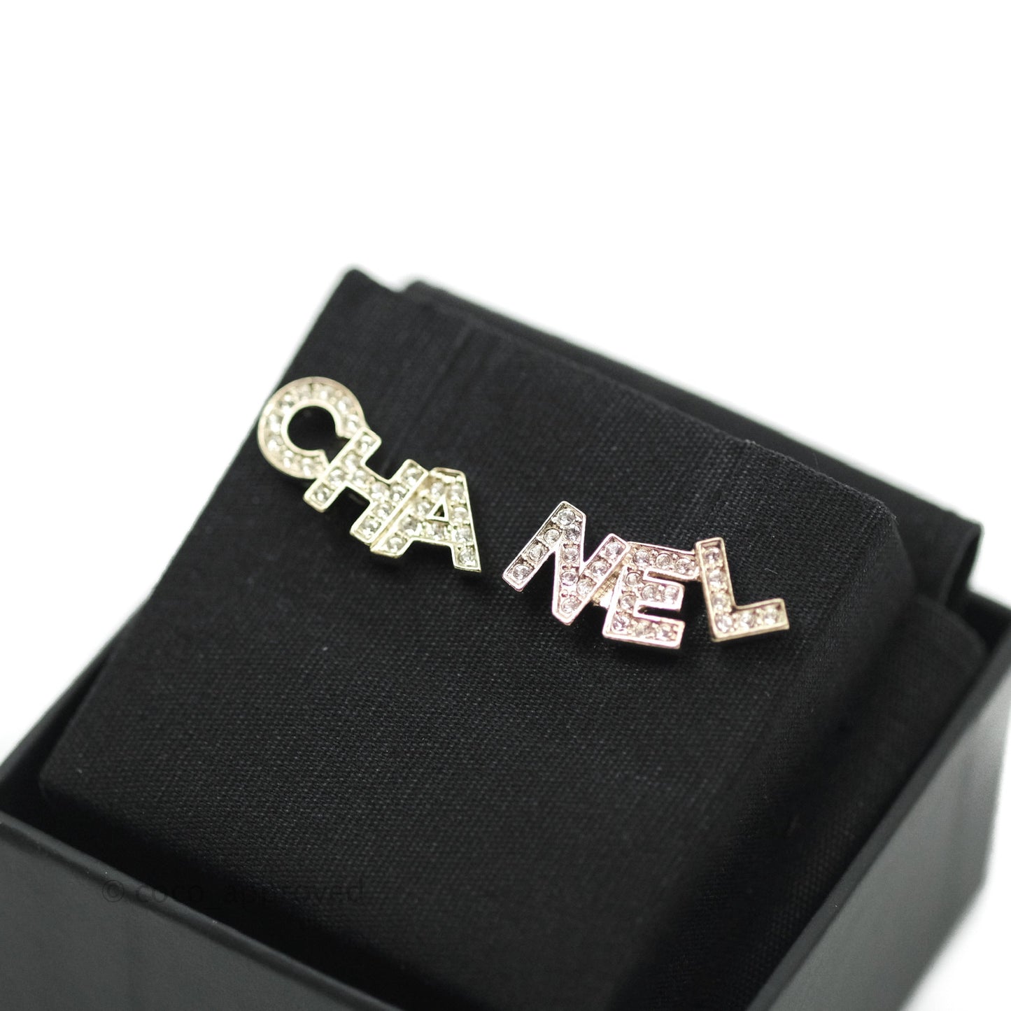 Chanel Crystal Pearl Signature Stud Earrings Gold Tone