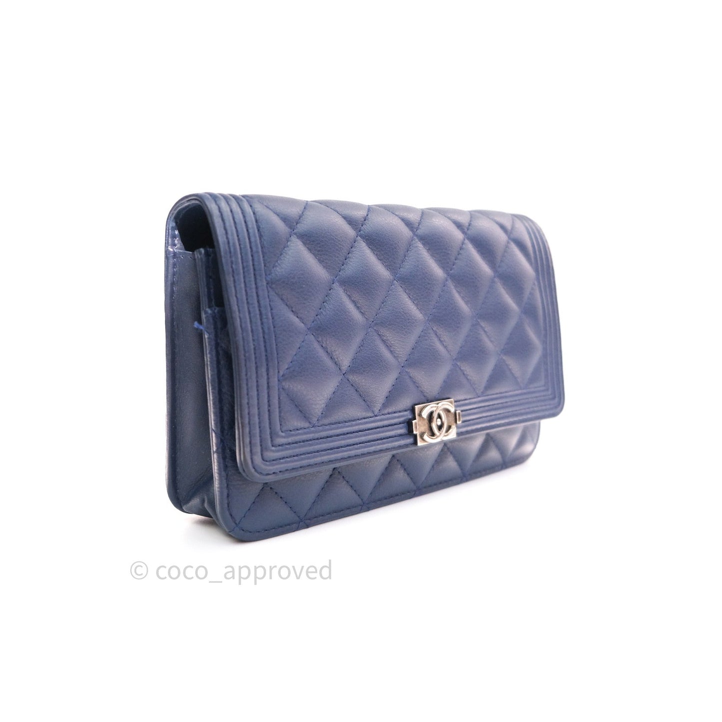 Chanel Quilted Boy Wallet on Chain WOC Blue Grained Calfskin Ruthenium Hardware