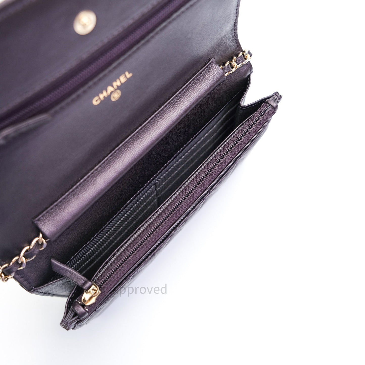 Chanel Quilted Wallet on Chain WOC Metallic Purple Light Gold Hardware