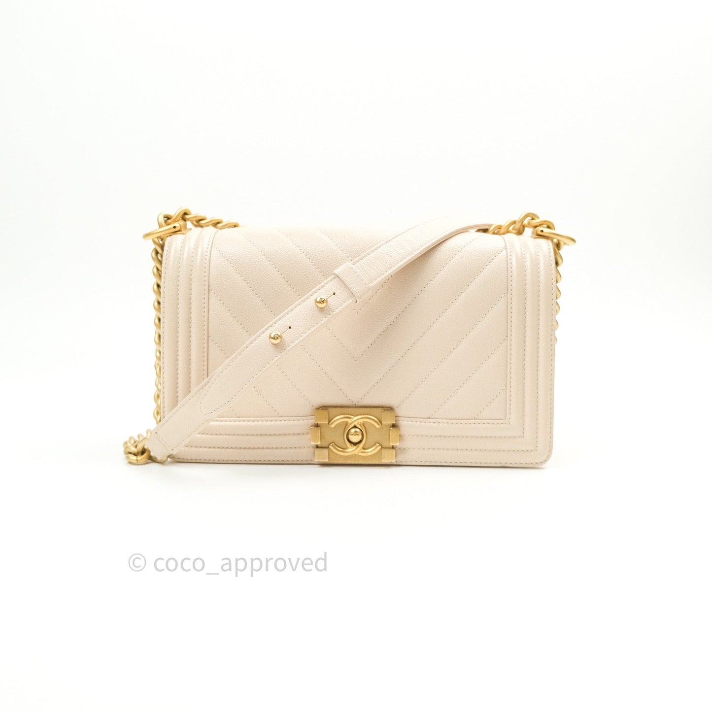 Chanel Boy Chevron Medium Beige Caviar Gold Hardware