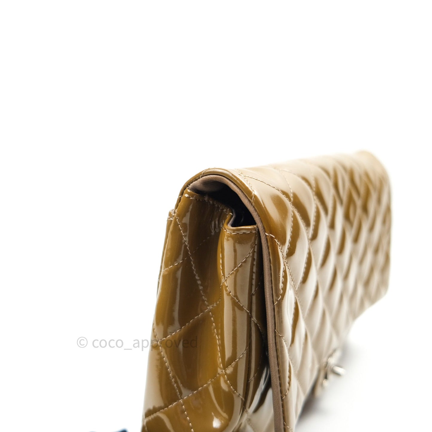 Chanel Quilted Clutch with Chain Khaki Patent Leather Silver Hardware