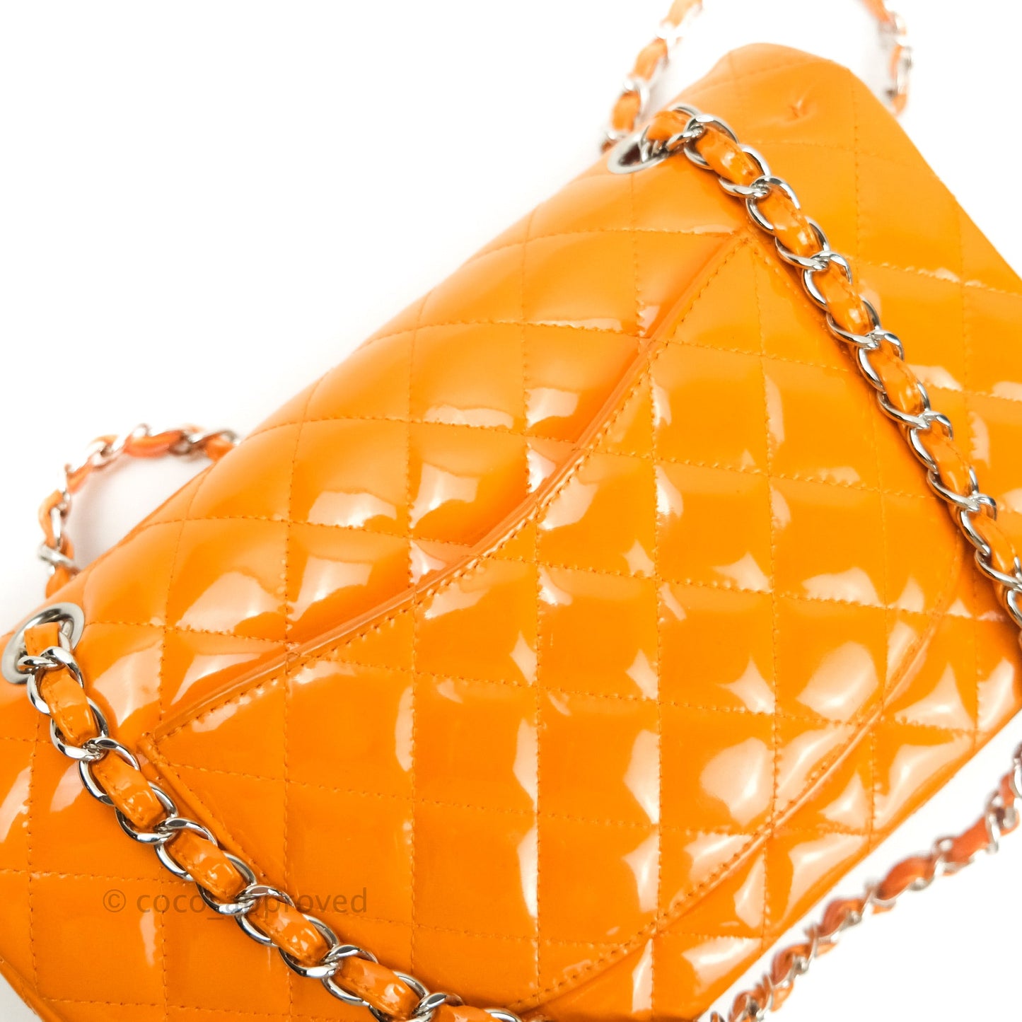 Chanel Classic M/L Medium Double Flap Orange Patent Silver Hardware
