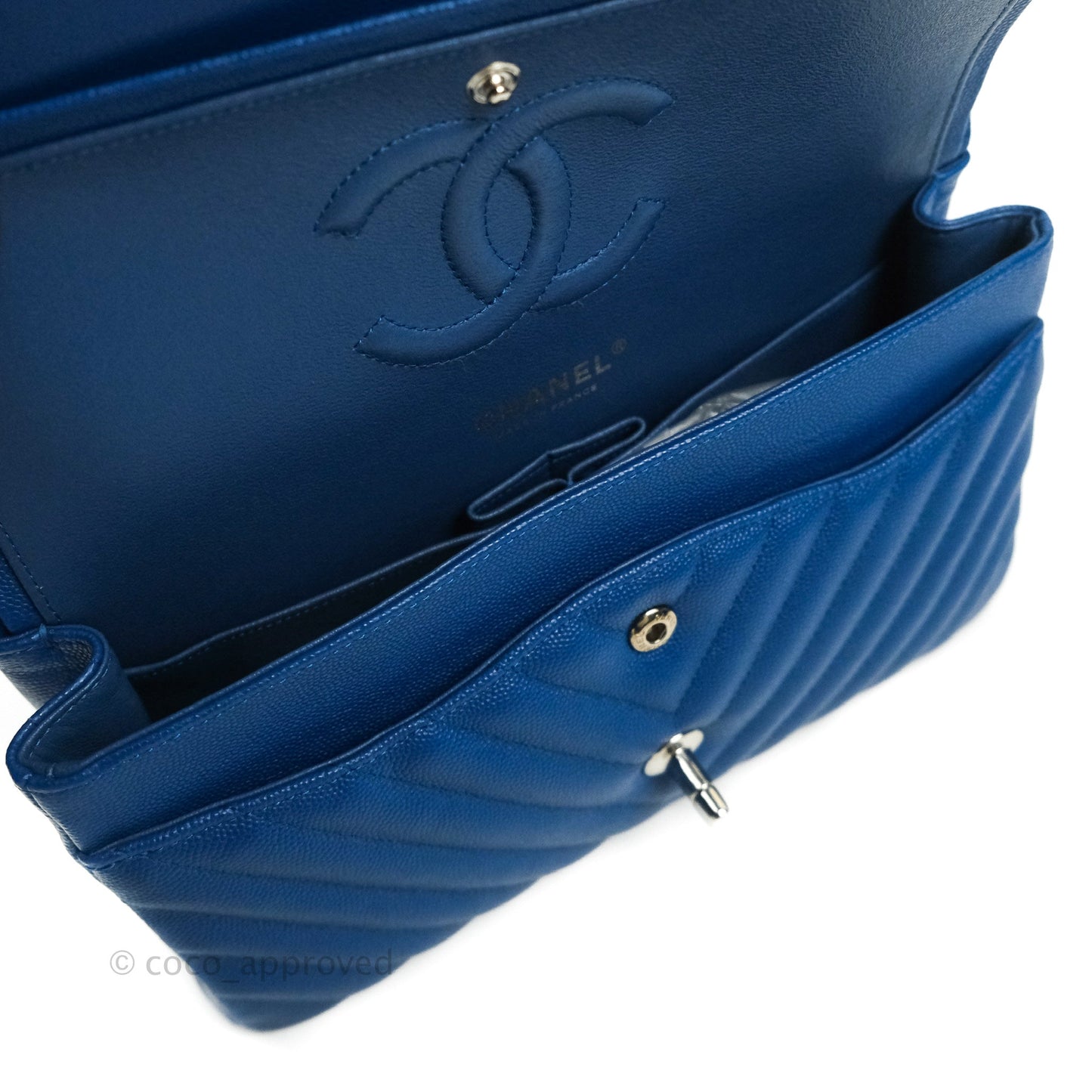 Chanel Classic Chevron M/L Medium Double Flap Blue Caviar Silver Hardware