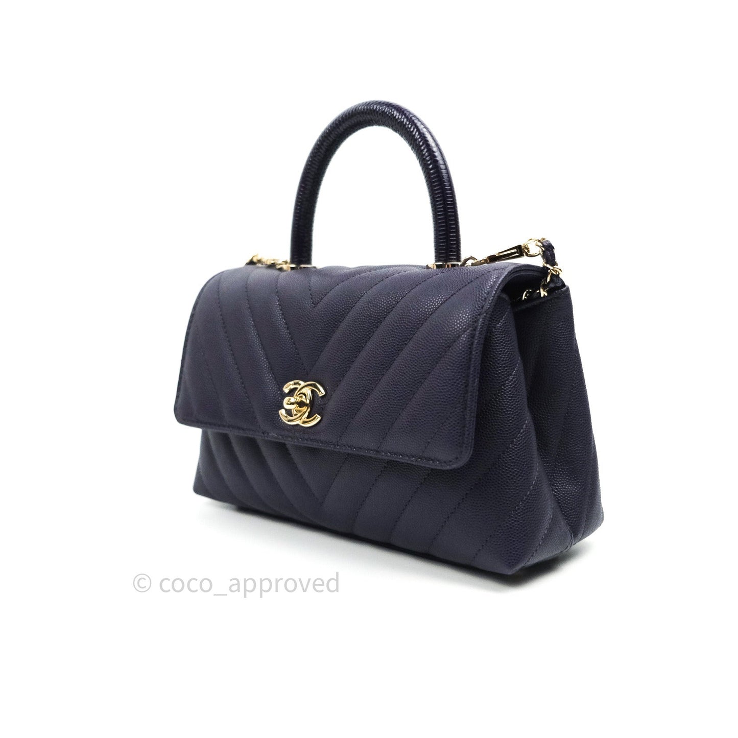 Chanel Mini Coco Handle Chevron Purple Caviar Quilted Gold Hardware
