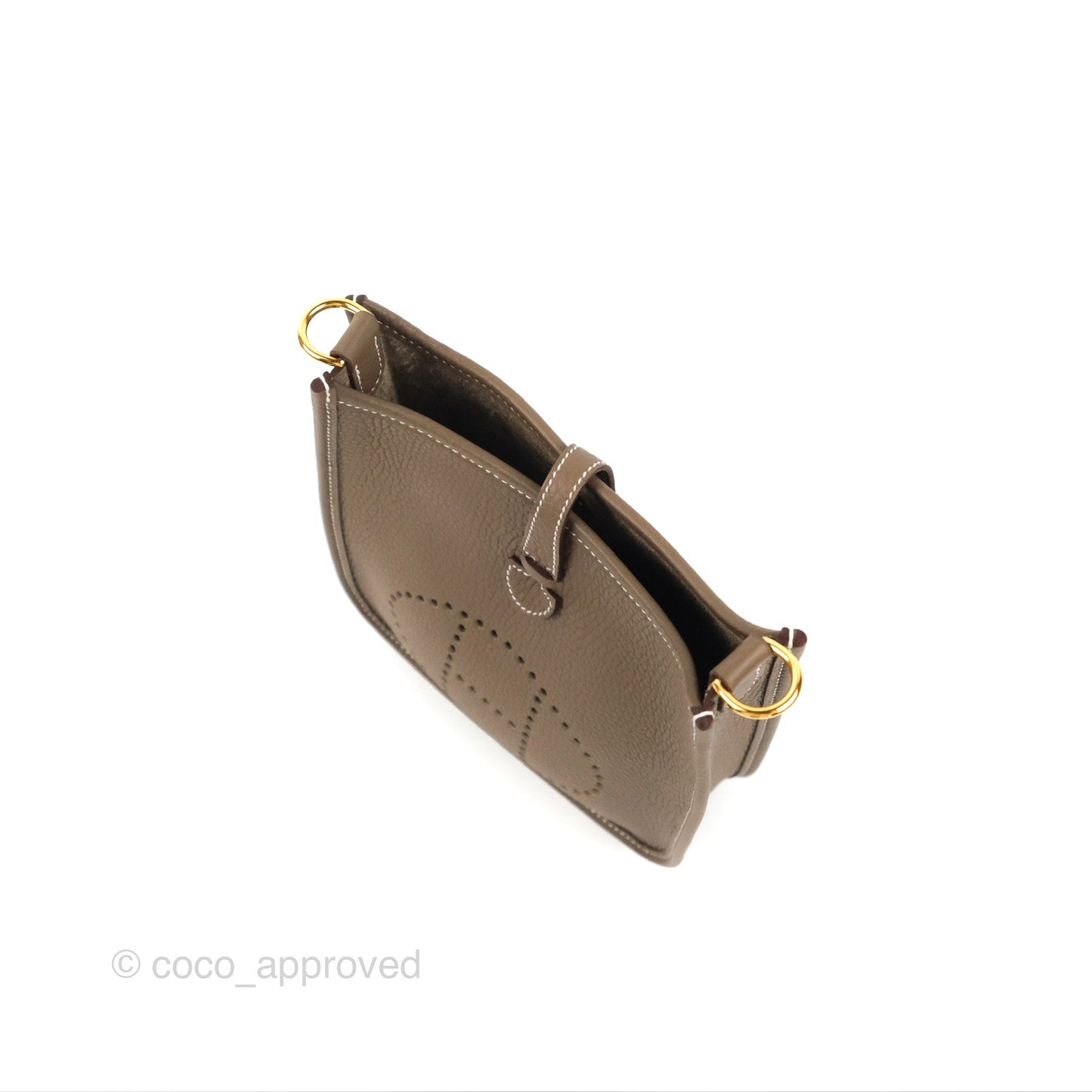 Hermès Mini Evelyne 16 Etoupe Clemence Gold Hardware with Bleu Indigo Strap