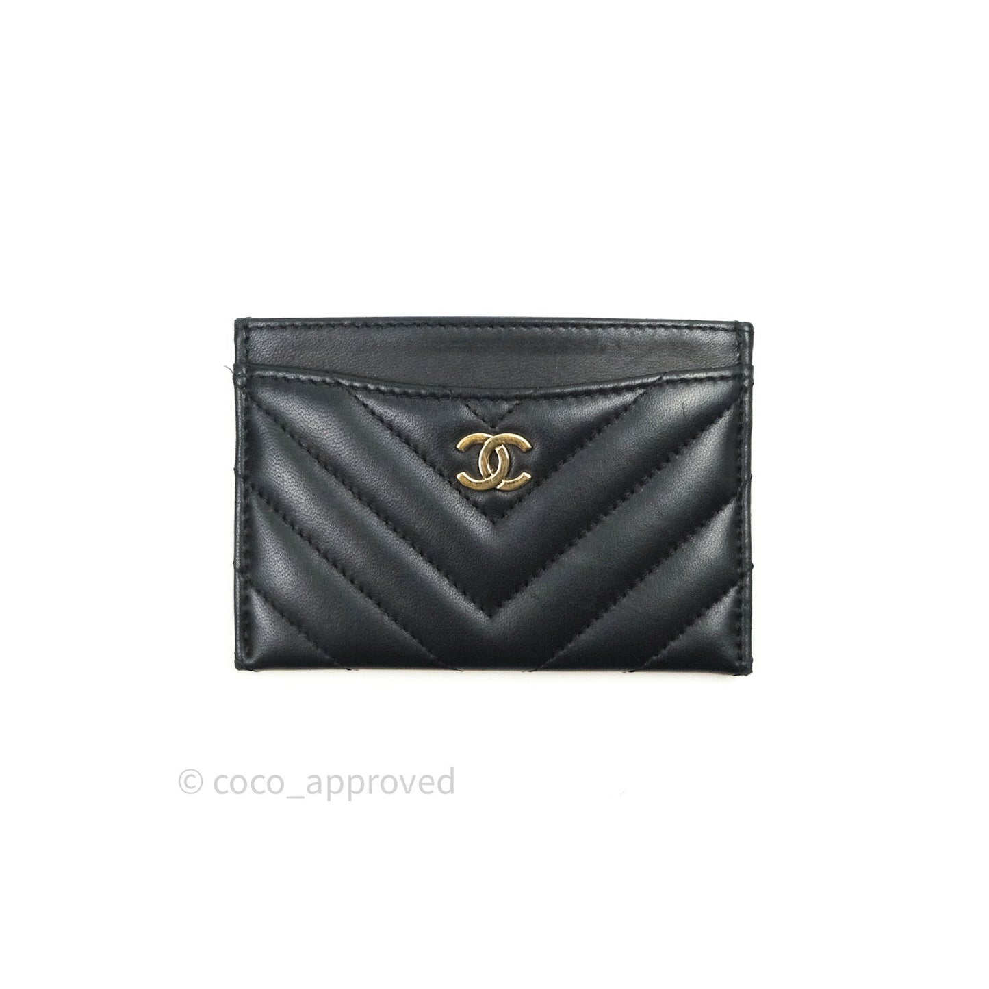 Chanel Chevron Classic Black Flat Card Holder Lambskin Gold Hardware