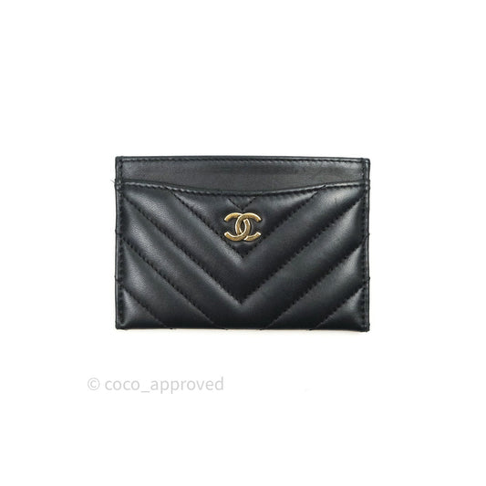 Chanel Chevron Classic Black Flat Card Holder Lambskin Gold Hardware