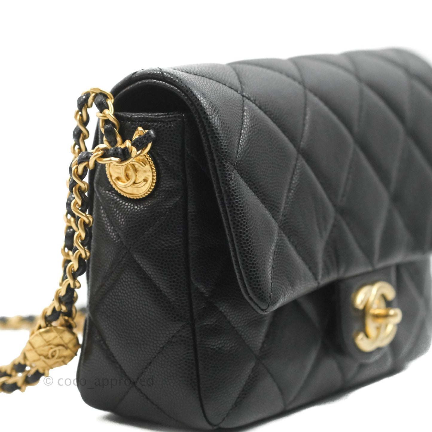 Chanel Small Flap with Coin Charm Black Caviar Aged Gold Hardware 22A