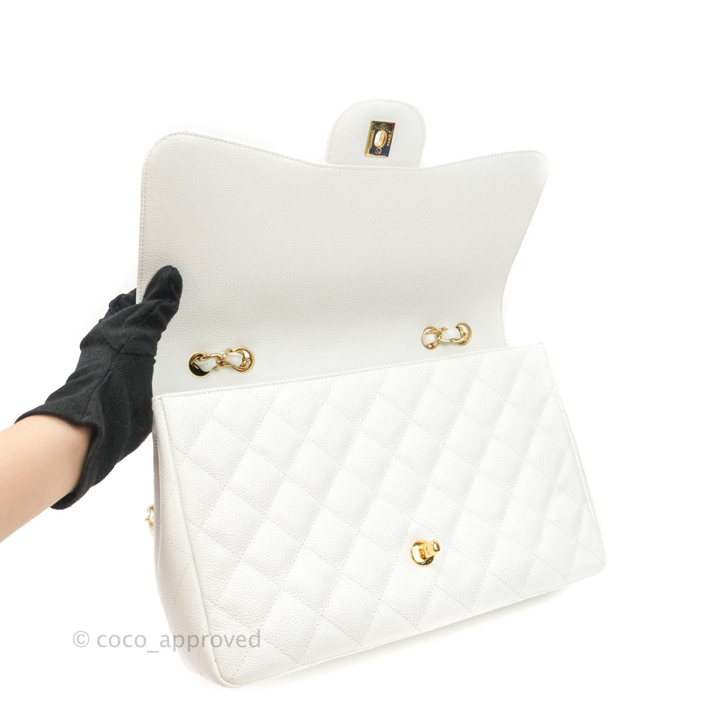 Chanel Jumbo Single Flap White Caviar Gold Hardware⁣⁣